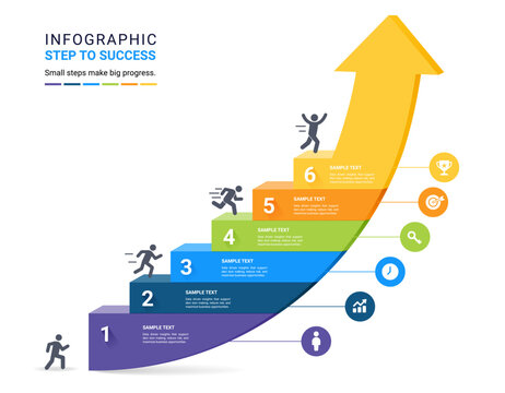 Infographic Staircase Step Business Growth timeline with 6 Step Arrow Process and Concepts for Success Diagram Background