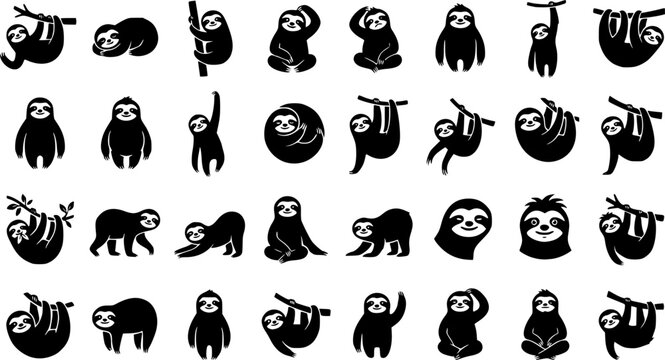 Sloth Character Icon Set &ndash; Silhouette Style. Covers slow sloth animal, tree-dwelling mammal, rainforest sloth & more. Solid black glyph, transparent background.