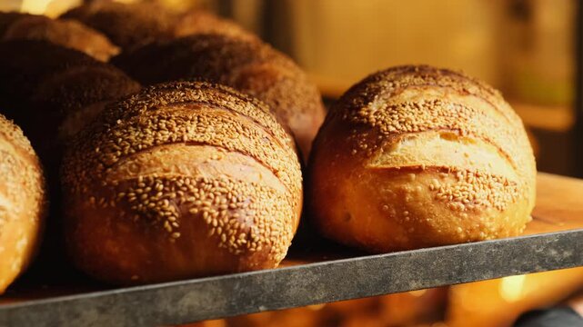 Baker arranges golden loaves on sturdy wooden shelf for further sale. Bakery worker in black disposable gloves prepares bakery products for sale