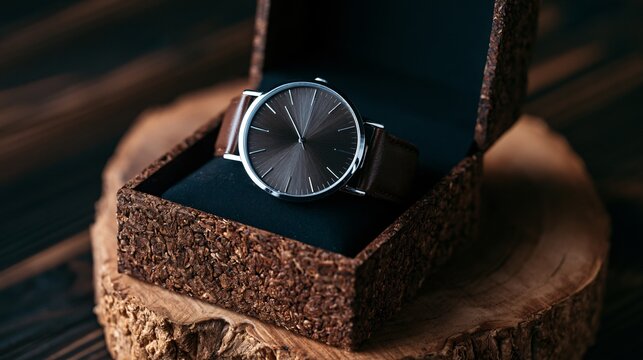 Watch rests inside a luxury mycelium box designed for eco-friendly use