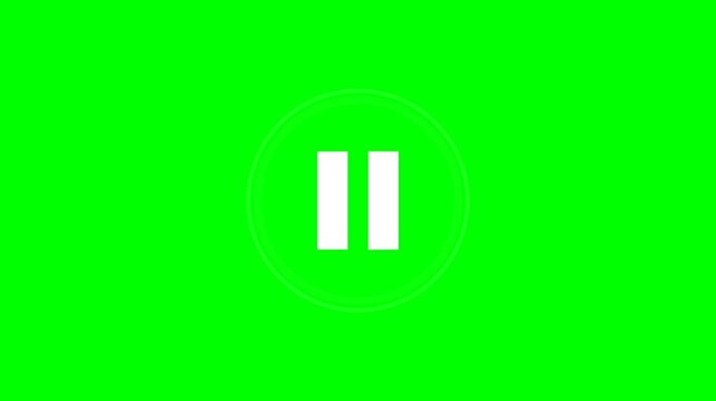 Play pause button animation with media control icon on green screen chroma key background