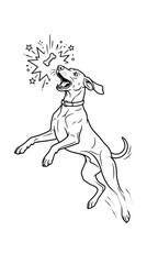 Fototapeta premium Happy dog jumping to catch a falling treat, line art illustration of a playful puppy.