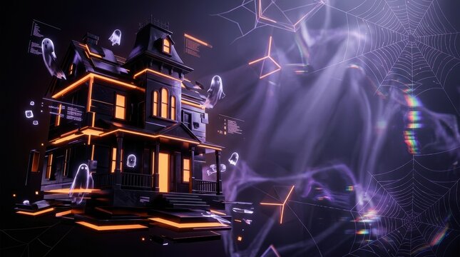 Modern Cyber Haunted House Banner with Floating Ghosts and Luminous Tech Background
