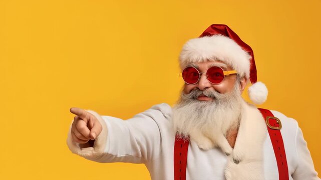 Santa Claus with round red sunglasses and suspenders strikes a fun pose against a bright yellow backdrop. He smiles and points towards an area of interest, dressed with a white fur coat.