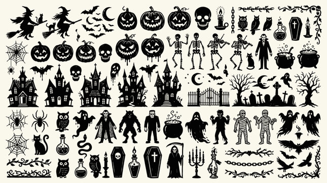 Gro&szlig;e Sammlung von Halloween Silhouetten Icons und gruseligen Elementen f&uuml;r festliche Dekorationen.