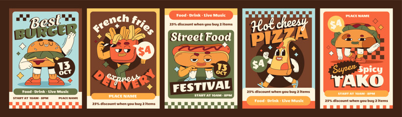 Fototapeta premium Fast food restaurant advertising posters design set in vintage groovy style. Promotion templates of sales and discounts with funky characters of pizza, burger, french fries. Flat vector illustrations