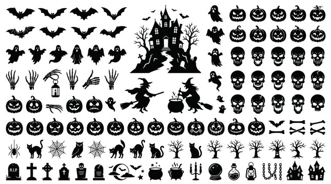 Gro&szlig;e Sammlung von Halloween Silhouetten mit K&uuml;rbissen Geistern Flederm&auml;usen und gruseligen Elementen f&uuml;r Designprojekte.