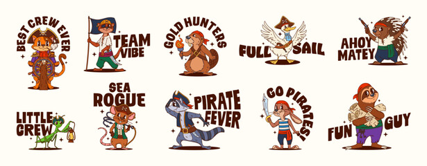 Fototapeta premium Cartoon groovy animal pirate and corsair y2k stickers. Funny cat captain in tricorn hat, meerkat, beaver and hedgehog with pirate slogans for print on demand merchandise or kids stationery