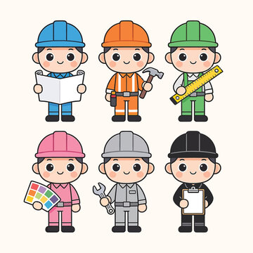 Cute cartoon construction workers and builders set holding tools vector illustration