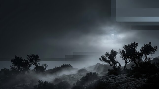 Minimalist dark nature landscape with silhouetted trees, rolling mist, and abstract digital overlays for cinematic background design
