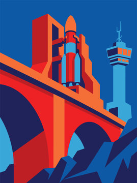 Retro-style constructivist vector illustration of a powerful space rocket and control tower on a mountain-integrated launch complex at night.