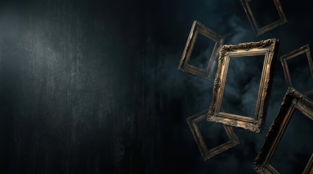 Surreal horror banner with ornate levitating antique frames and negative copy space in a dark void.