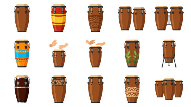 Collection of Conga Drums: Various Styles, Patterns, and Sets on White Background - Percussion Instruments for Music and Rhythm