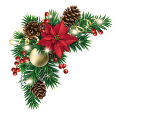 Fototapeta premium Christmas tree corner decoration with red poinsettia, pine cones, gold baubles. Great for festive greeting cards and stories. Transparent background in vector file.