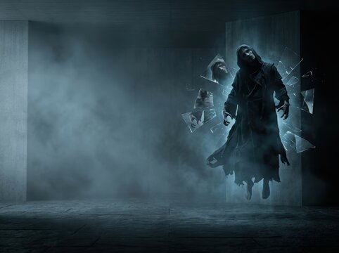 Levitating possessed figure in dark minimalist chamber with shattered glass and atmospheric fog