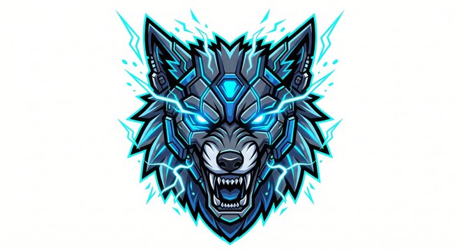Fierce robotic wolf head mascot logo glowing with electric blue accents on a plain background.