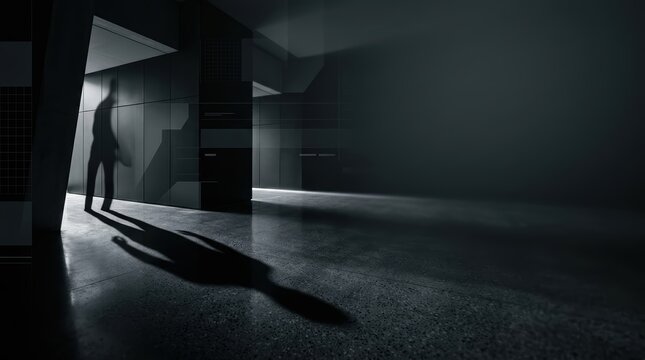 Cinematic Minimalist Horror Background with Elongated Distorted Shadow, Modern Noir Abstract Composition with Negative Space for Mockup and Branding
