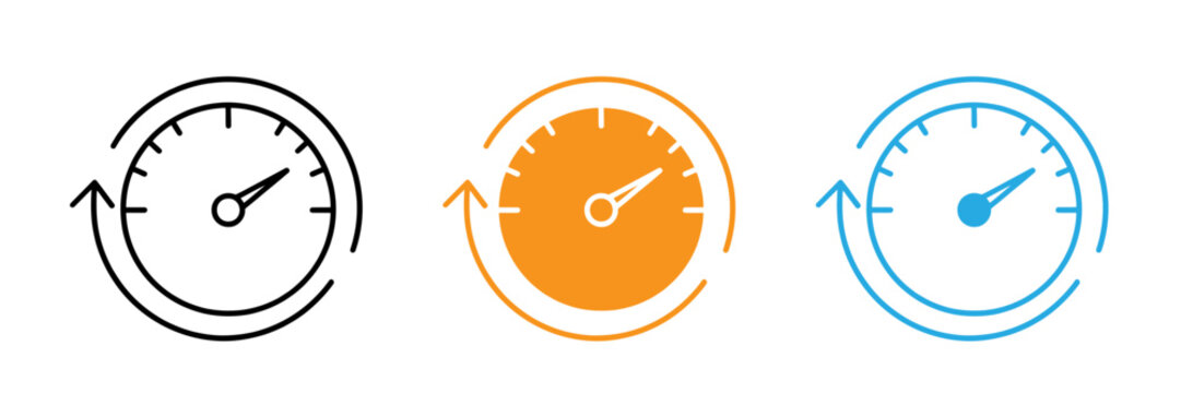 Speedometer icons in black outline solid orange and solid blue variations