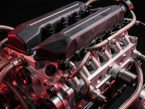 High performance V8 engine featuring carbon fiber valve covers and braided hoses.