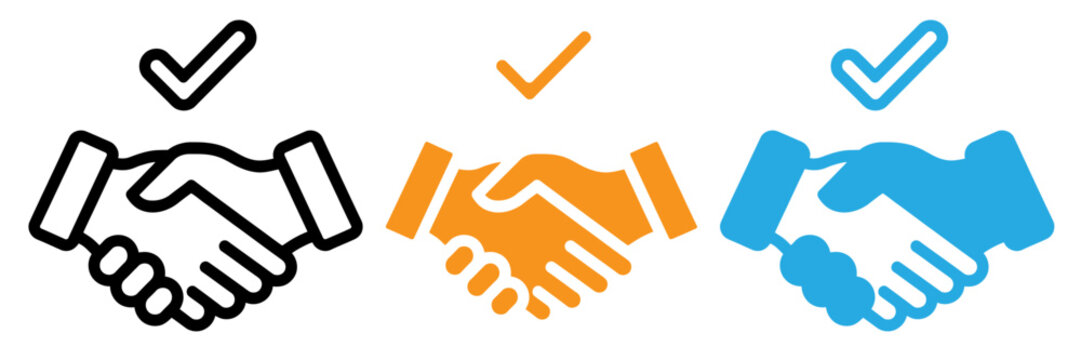 Three colorful handshakes with checkmarks representing agreement and successful partnerships