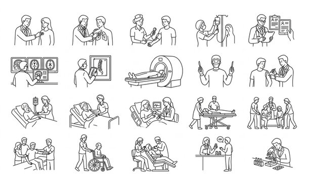 Untitled design - 2Doctors Nurses Patient Care Medical Scene Outline Icons Vector Set