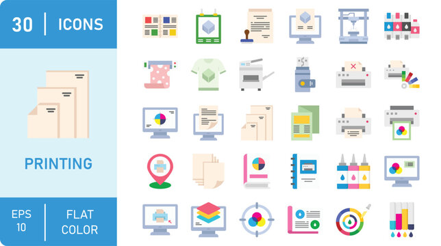 Printing icon set. Containing printer, document, machine, paper, copy, publish, commercial, digital, ink, and more. Flat style. Vector illustration.