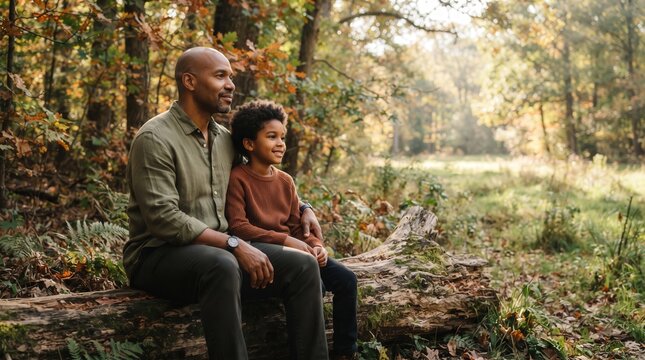 African American father and son sitting on a log in an autumn forest, capturing a peaceful moment of connection and bonding for family wellness, heritage, and life insurance marketing.