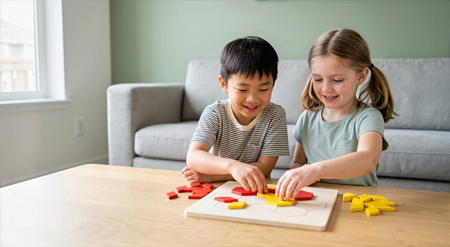 Happy children playing a geometric wooden block puzzle game at a table. Boy and girl solving a tangram pattern puzzle in a living room