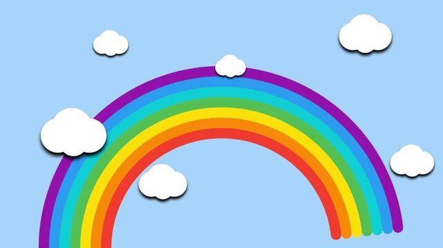 Animated rainbow drawing on blue sky background with white clouds