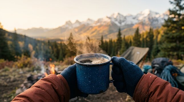 Person holding a steaming mug of coffee while camping in the mountains at sunrise.