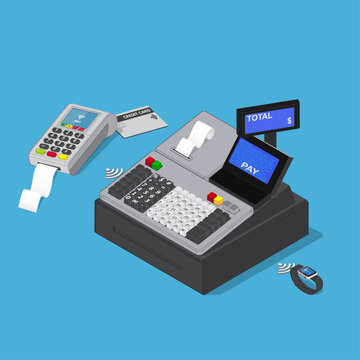  Isometric payment system with cash register and credit card vector illustration