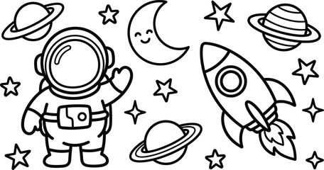 Explore the wonders of space a fun coloring page featuring astronauts planets rockets and celestial bodies for kids © MDSUHAN