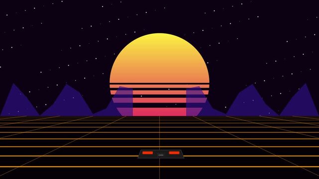 Retro synthwave landscape animation loop with glowing sun
