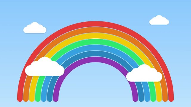 Animated rainbow drawing in blue sky with white clouds