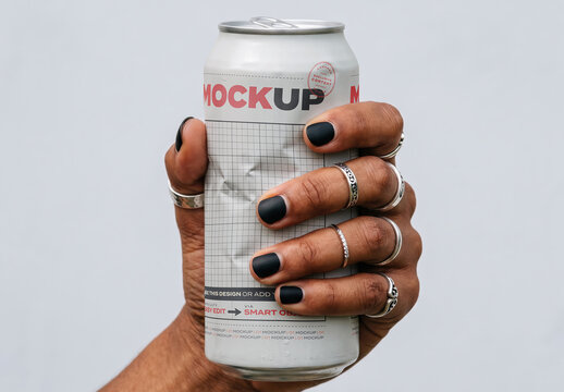 Hand Squeezing Long Aluminum Can Branding Design Mockup