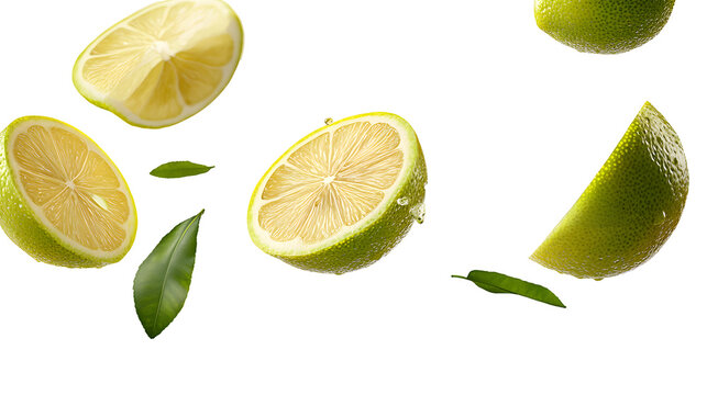 Fresh sliced lime wedges and green leaves falling