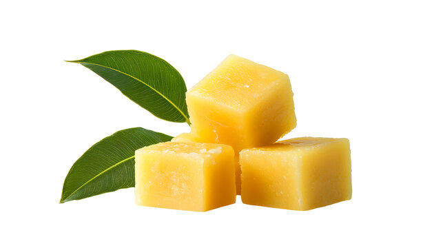 Fresh yellow cheese cubes with green leaves