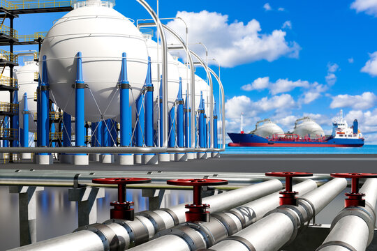 LNG terminal. Liquefied natural gas storage tanks, pipelines and gas carrier support marine fuel handling, transportation and energy supply.