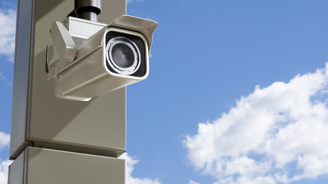 Video surveillance. Outdoor security camera monitors buildings and public areas for access control, property protection and continuous safety monitoring.