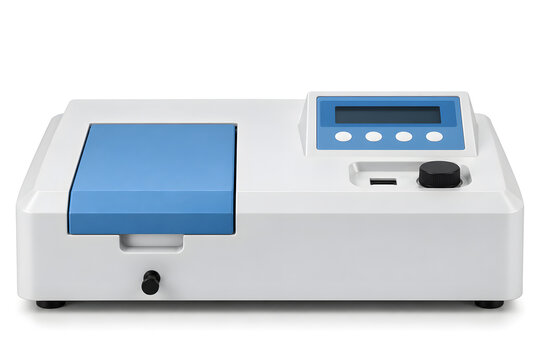 Modern UV-Vis spectrophotometer for laboratory optical analysis, featuring a sample compartment and digital control panel isolated on a clean white background.