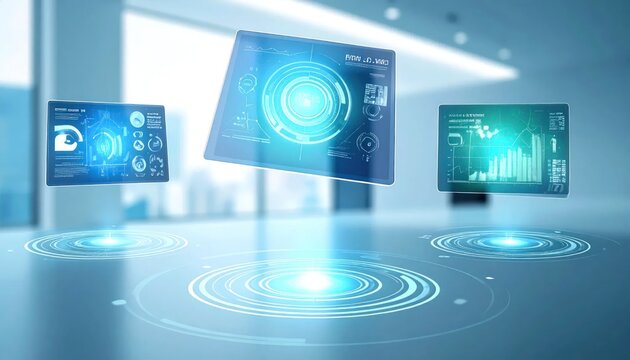 Futuristic digital interface screens floating in modern bright laboratory.