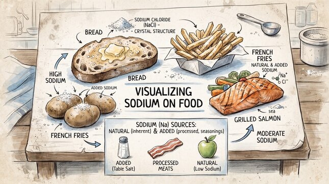 Visualizing sodium on food infographics, healthy diet nutrition diagram, illustrated food salt content guide
