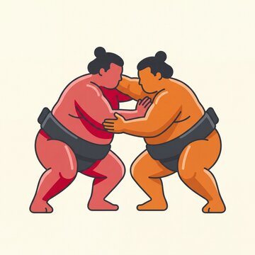 Two sumo wrestlers grappling in a traditional match illustration