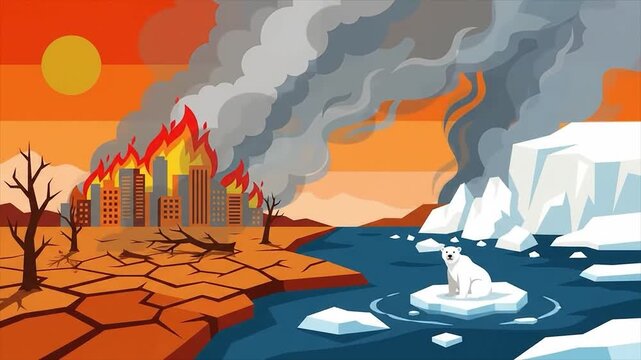 Global warming climate crisis concept with burning city and melting ice. Polar bear standing on floating ice floe near drought and fire. Ecological disaster with global climate change effects.