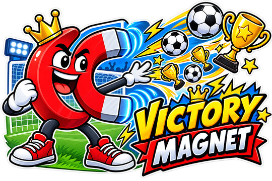 Victory Magnet Sports Mascot, victory magnet, sports mascot, winning mascot, soccer mascot, football mascot, sports character, champion, winner, victory, winning mindset, competitive spirit, winning a