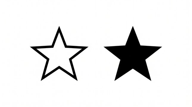 Minimalist black star icons, set of two five-pointed star symbols, solid and outline star shapes for rating and UI design
