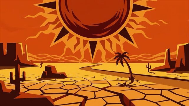 Hot desert landscape with cracked ground under blazing sun. Extreme heatwave and global warming drought concept. Arid desert environment with cactus and palm tree.