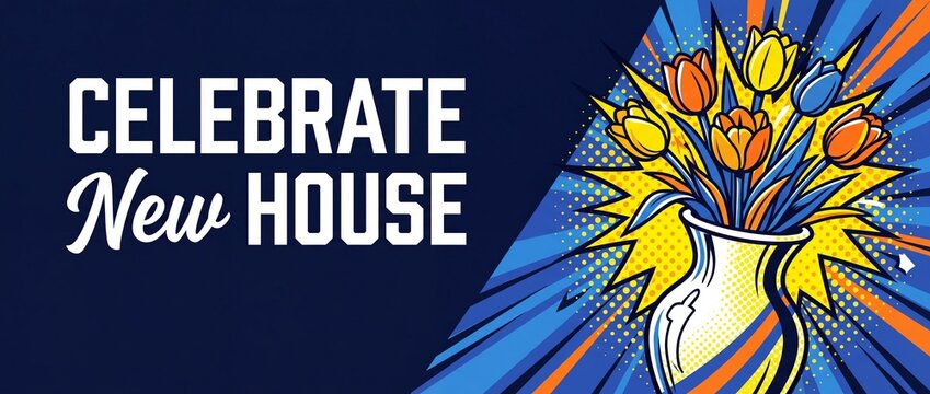 Celebrate new house tulip vector pop art card background for housewarming greeting, vibrant comic illustration banner with colorful flowers in vase for real estate, moving in, home party celebration.