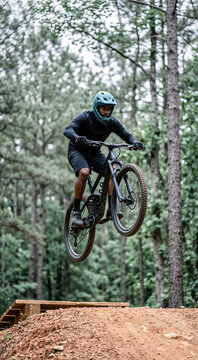 Black mountain biker performing a midair jump over a dirt ramp. Male cyclist riding a bicycle in a pine forest. Extreme sports action concept