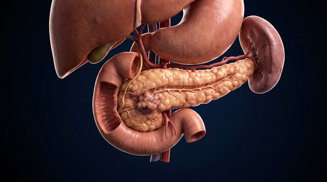 Anatomical Illustration of Human Digestive and Urinary Systems Featuring Pancreas, Liver, Stomach, Spleen, and Kidney
